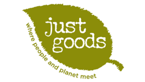 Logo of Just Goods featuring a green speech bubble with the text 'just goods' and the slogan 'where people and planet meet'.