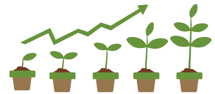 illustration of plant growth stages in pots, with increasing plant size and a rising arrow line chart overhead