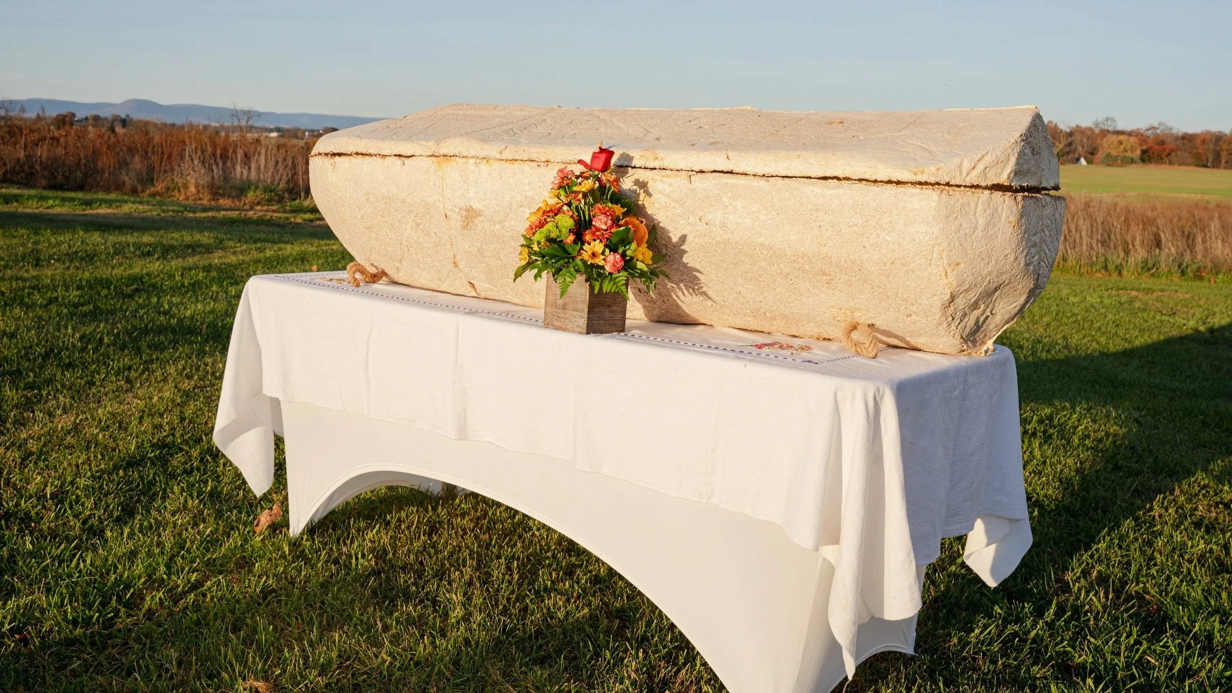 Eco-friendly coffin with flowers in front of it on a table in a field