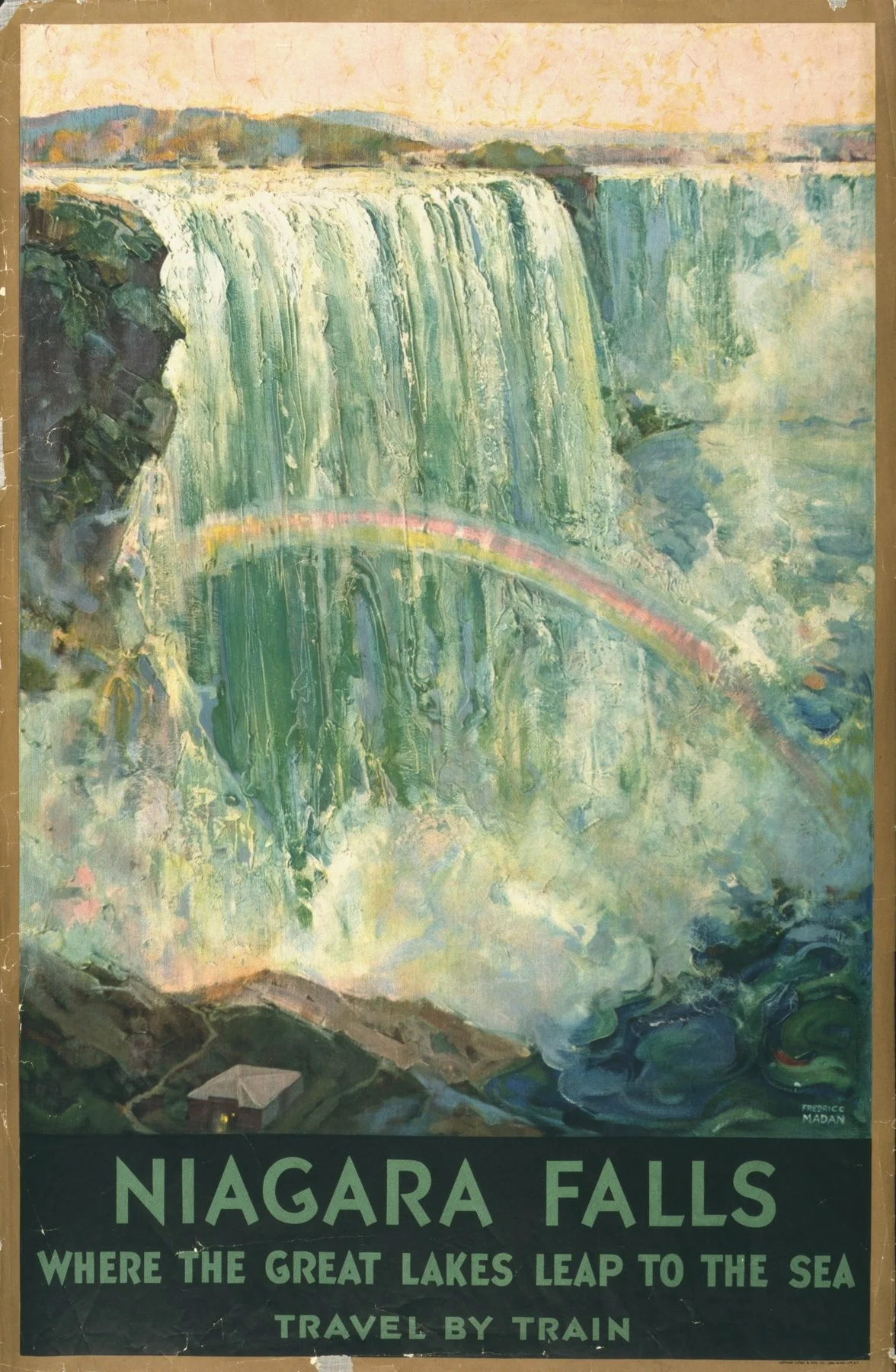 Watercolor print of Niagara Falls with a rainbow and text: "Niagara Falls Where the Great Lakes Leap to the Sea Travel by Train"