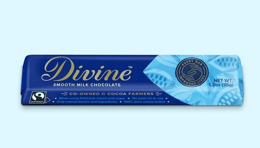 Divine Chocolate bar in a blue wrapper on a light blue background