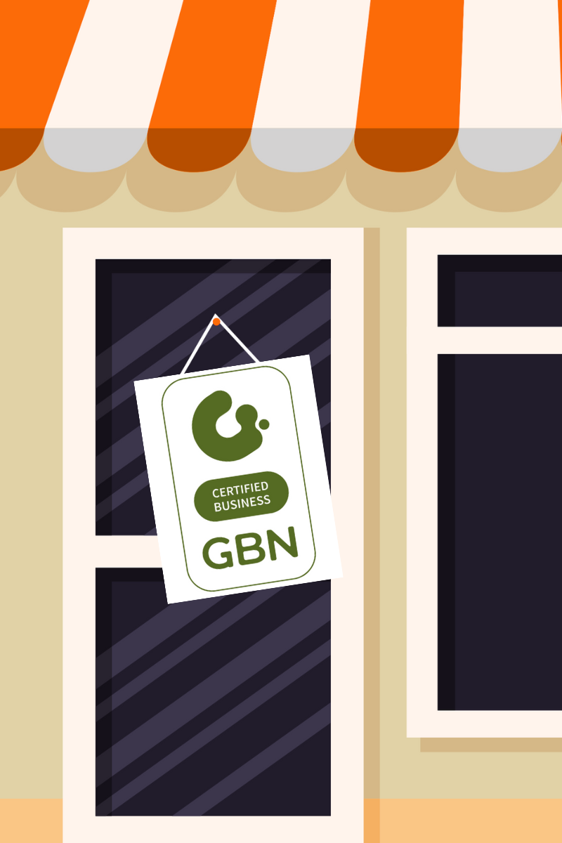 storefront with a certified business GBN sign hanging on the door and a striped orange and beige awning above.