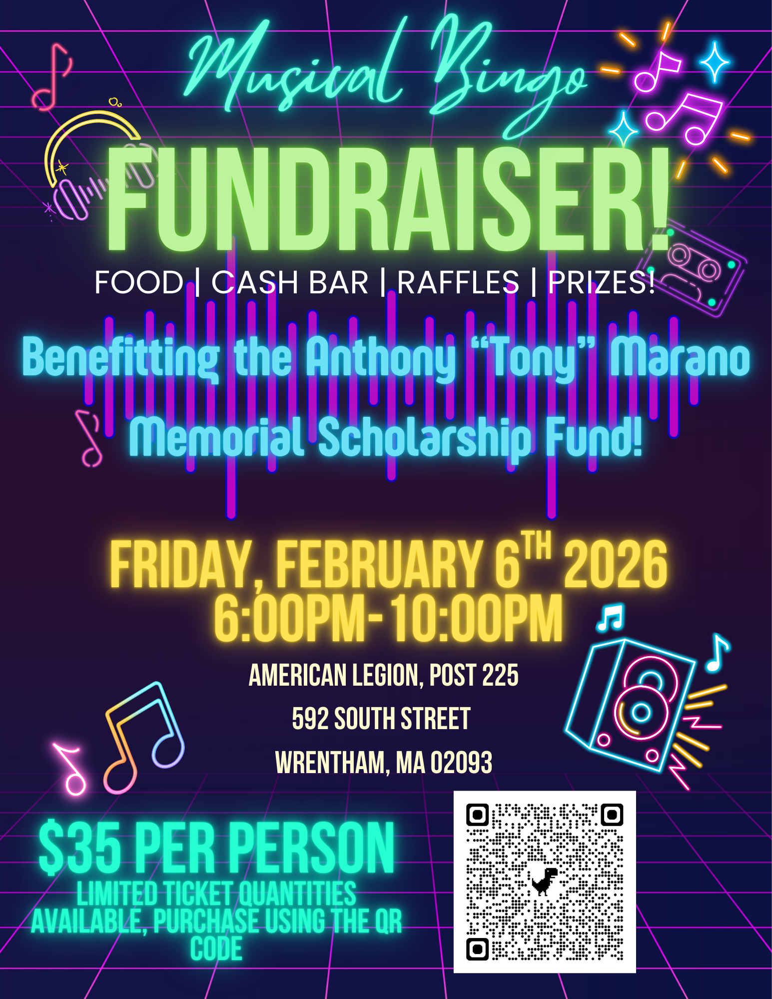 Neon-style flyer advertising a musical bingo fundraising event benefitting the Anthony 'Tony' Marano Memorial Scholarship Fund. The flyer features bright, colorful neon graphics including musical notes, headphones, and a speaker on a grid background. Details include date, time, location, ticket price, and a QR code.