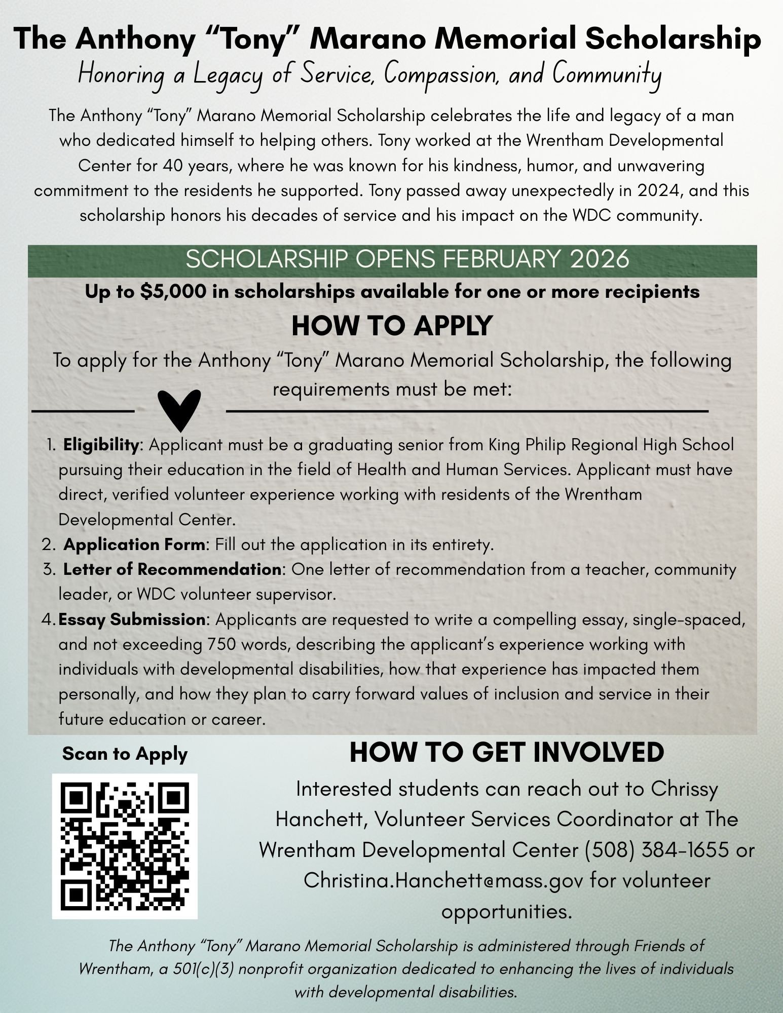 Informational flyer for the Anthony "Tony" Marano Memorial Scholarship announcing scholarship opportunities, application requirements, and contact info, with a QR code for application.