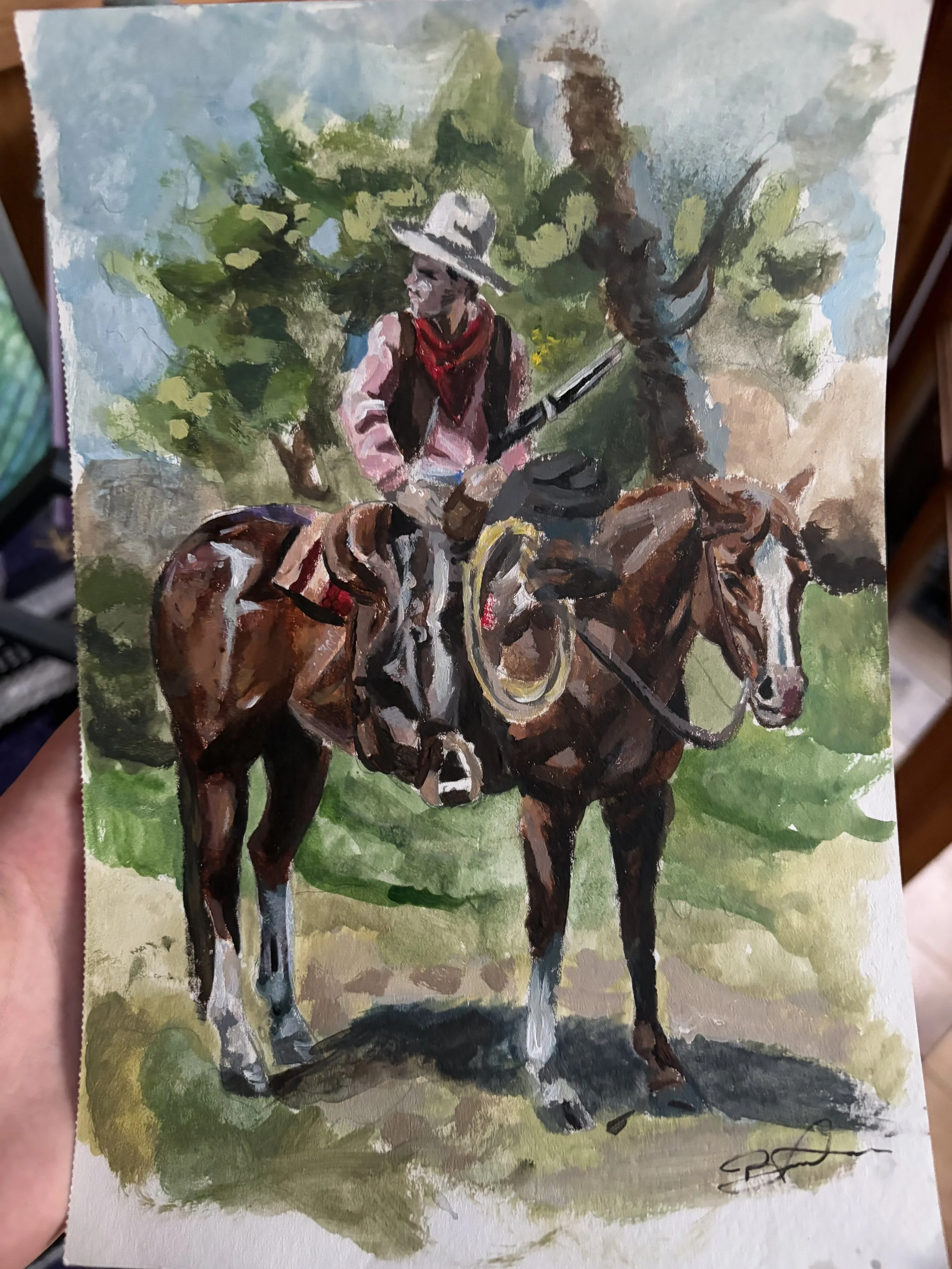 A painting of a cowboy and his sorrel horse on a trail.