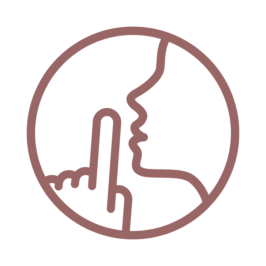 A minimalist line drawing of a person with a finger to their lips for silence, enclosed in a circle.