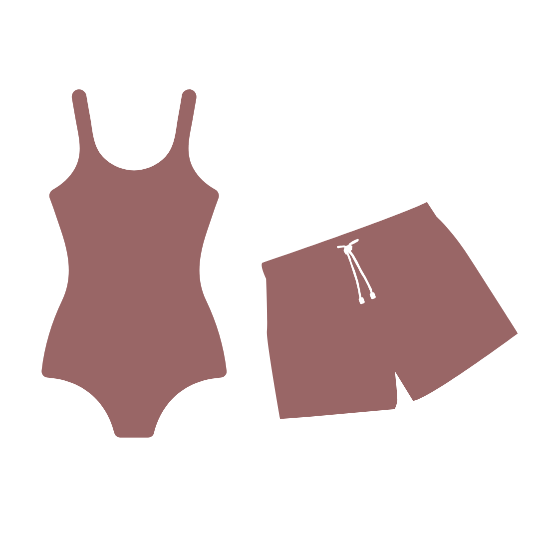 Brown swimsuit and matching shorts with a drawstring.