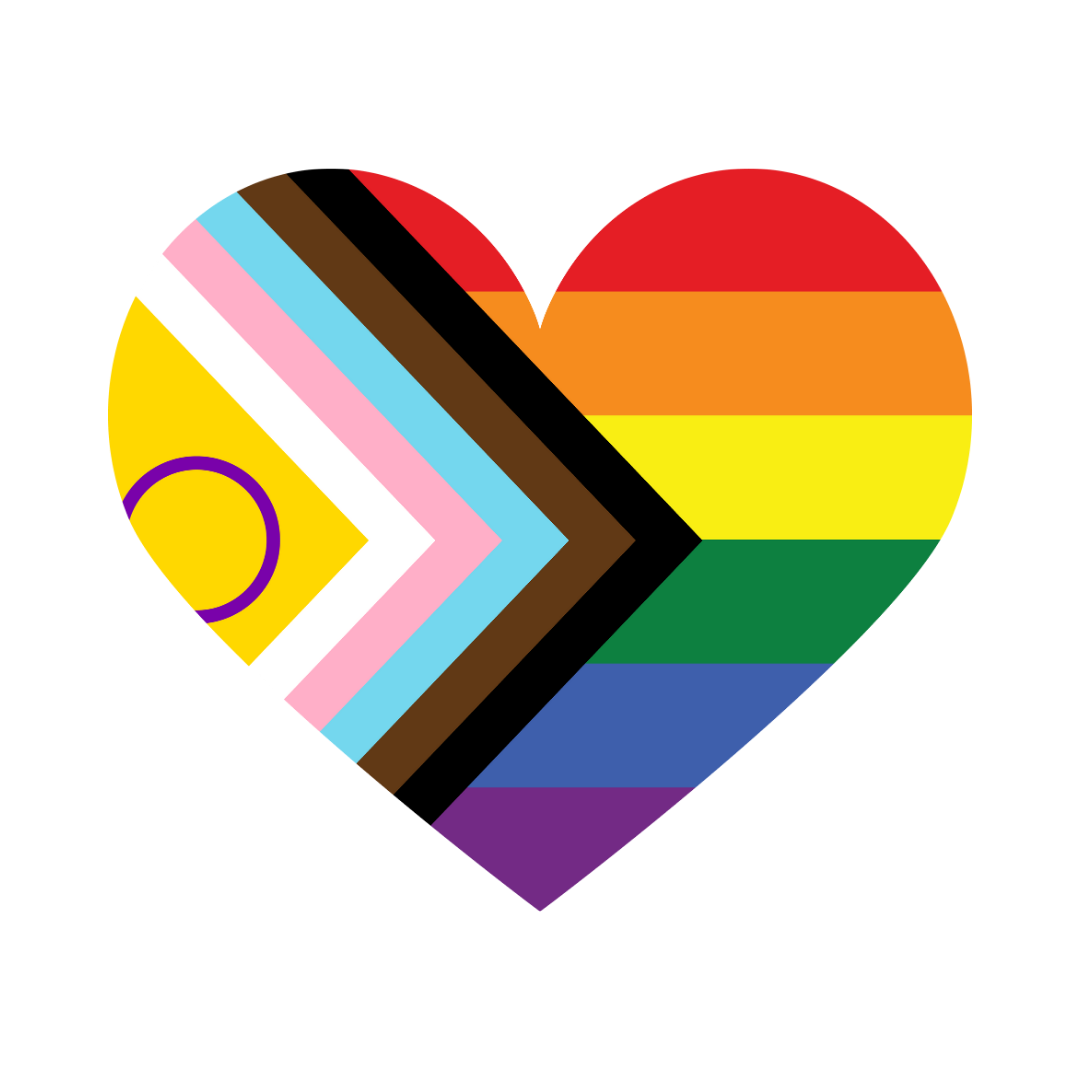 A heart-shaped graphic with a black outline, filled with various rainbow colors and a smaller heart shape inside featuring the progressive pride flag and the bisexual pride flag.