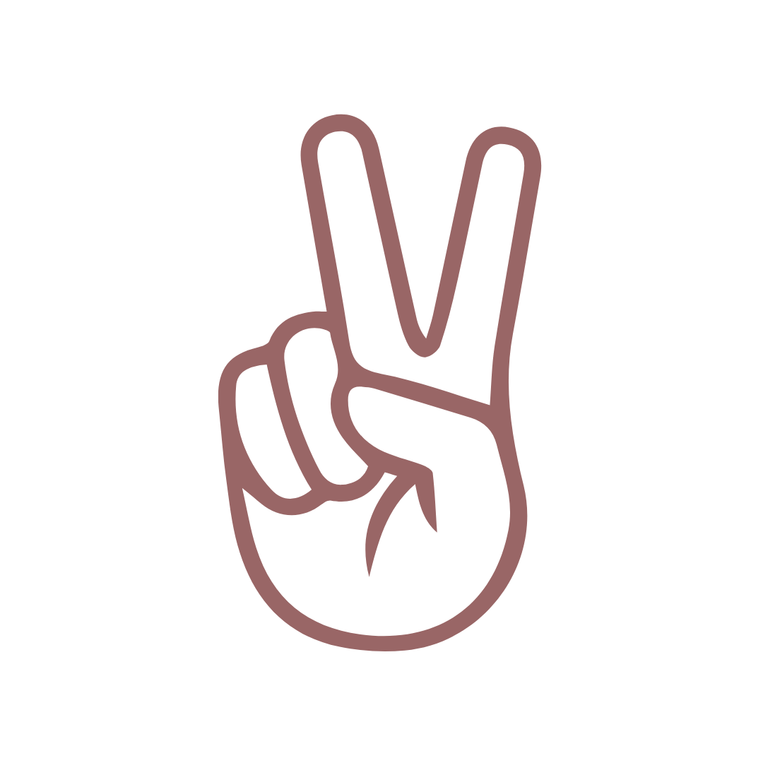 Outline illustration of a hand making a peace sign with two fingers raised.