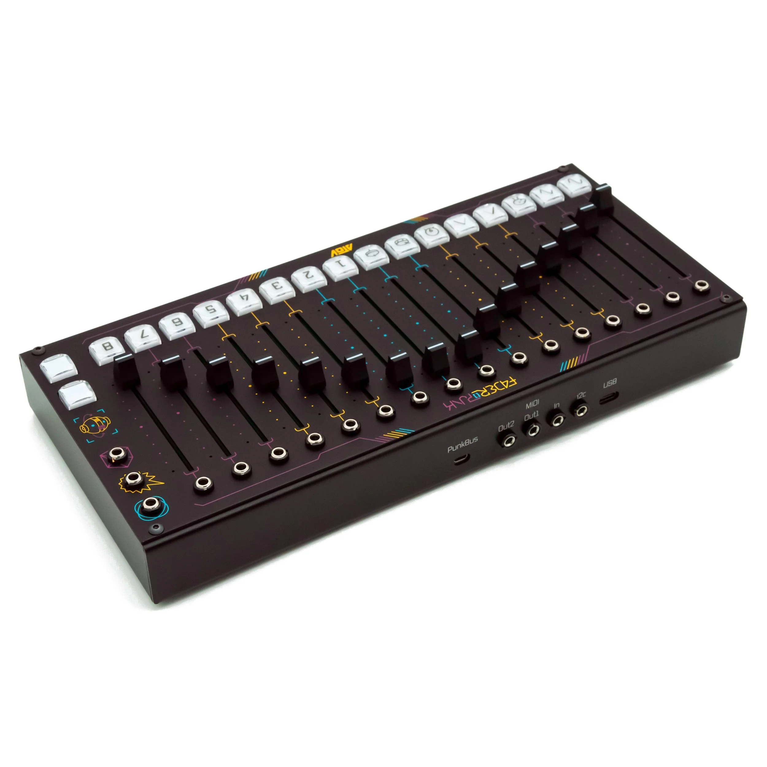 Faderpunk music controller with multiple sliders, buttons, and colorful icons.