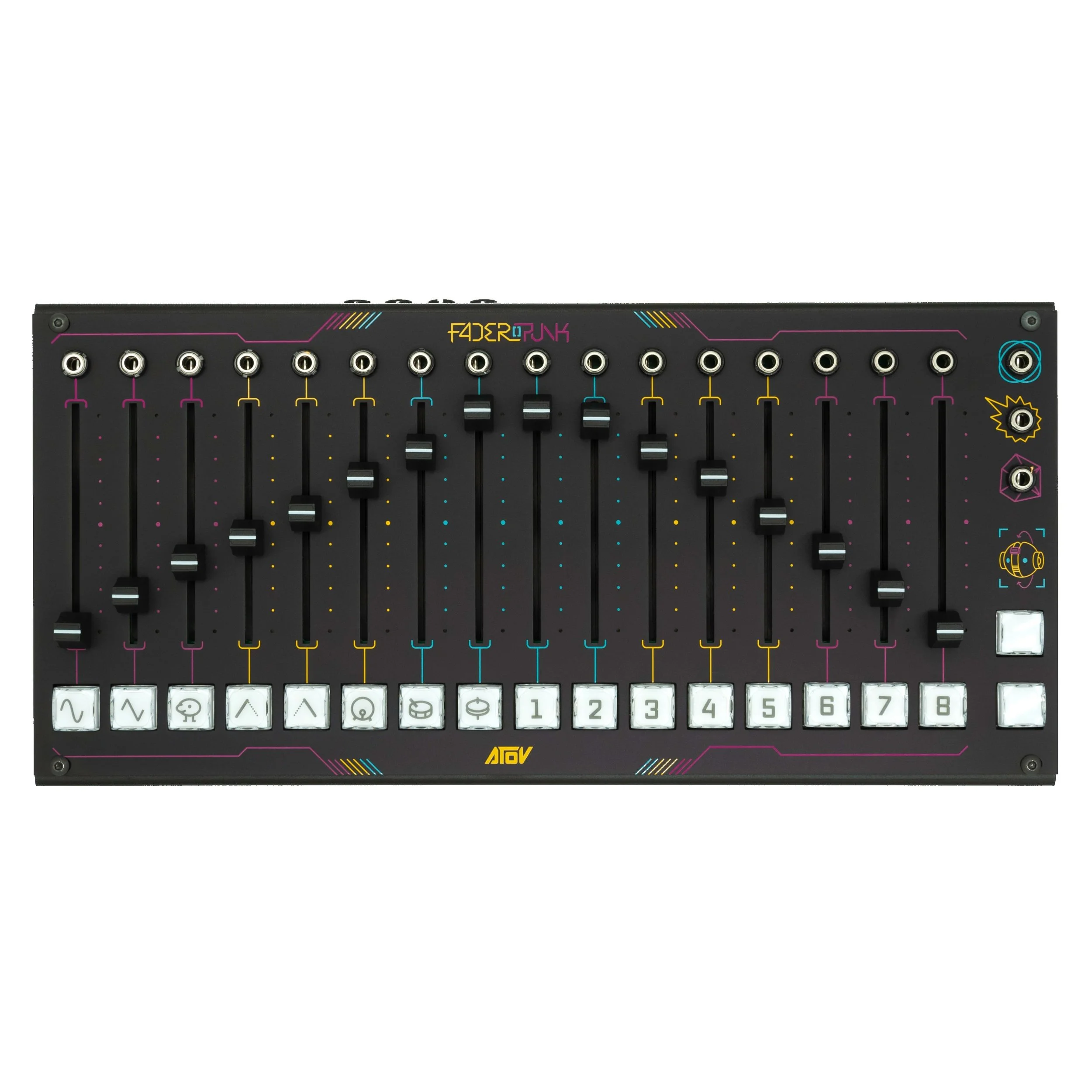 Faderpunk music controller with multiple sliders, buttons, and colorful icons.