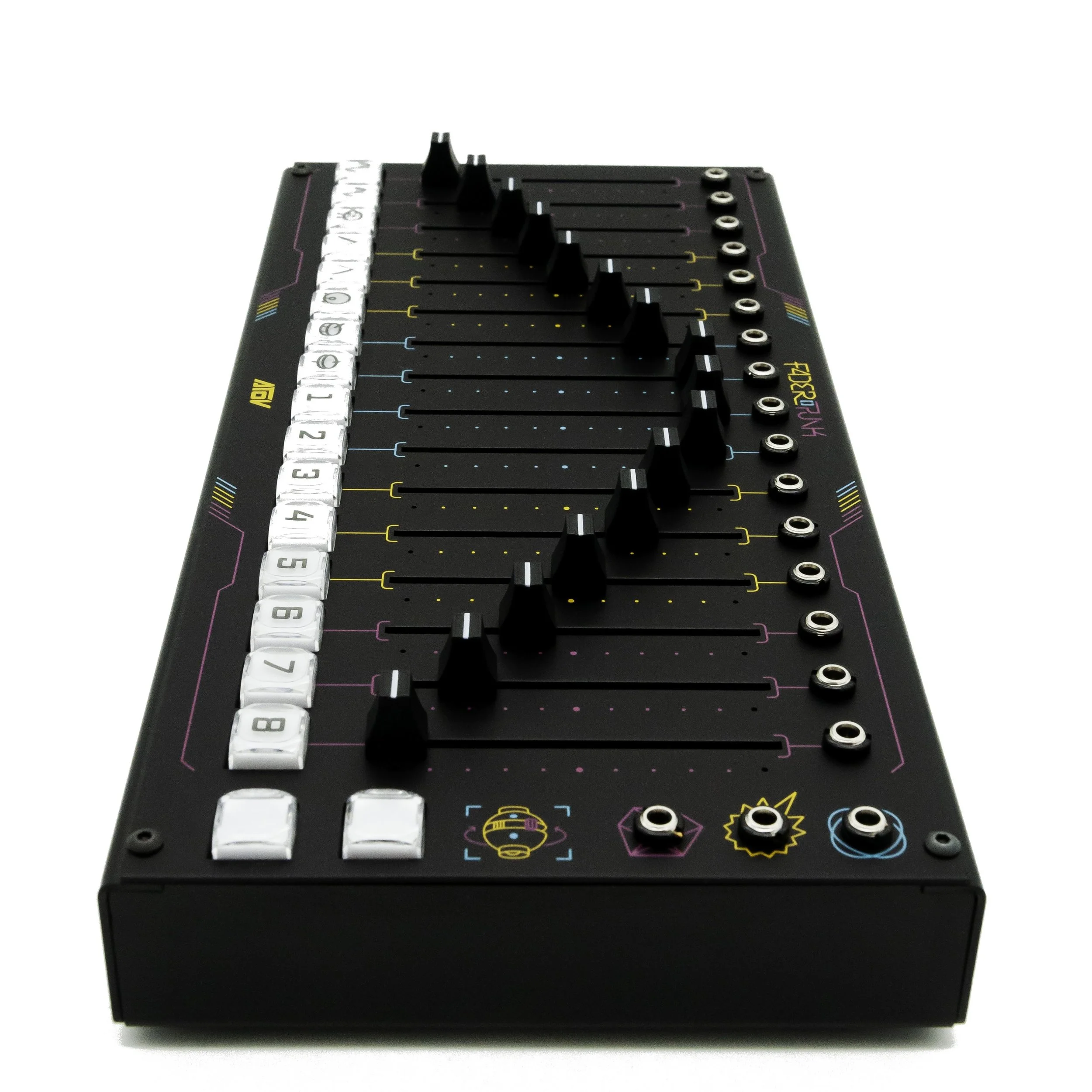 Side view of Faderpunk music controller with multiple sliders, buttons, and colorful icons.