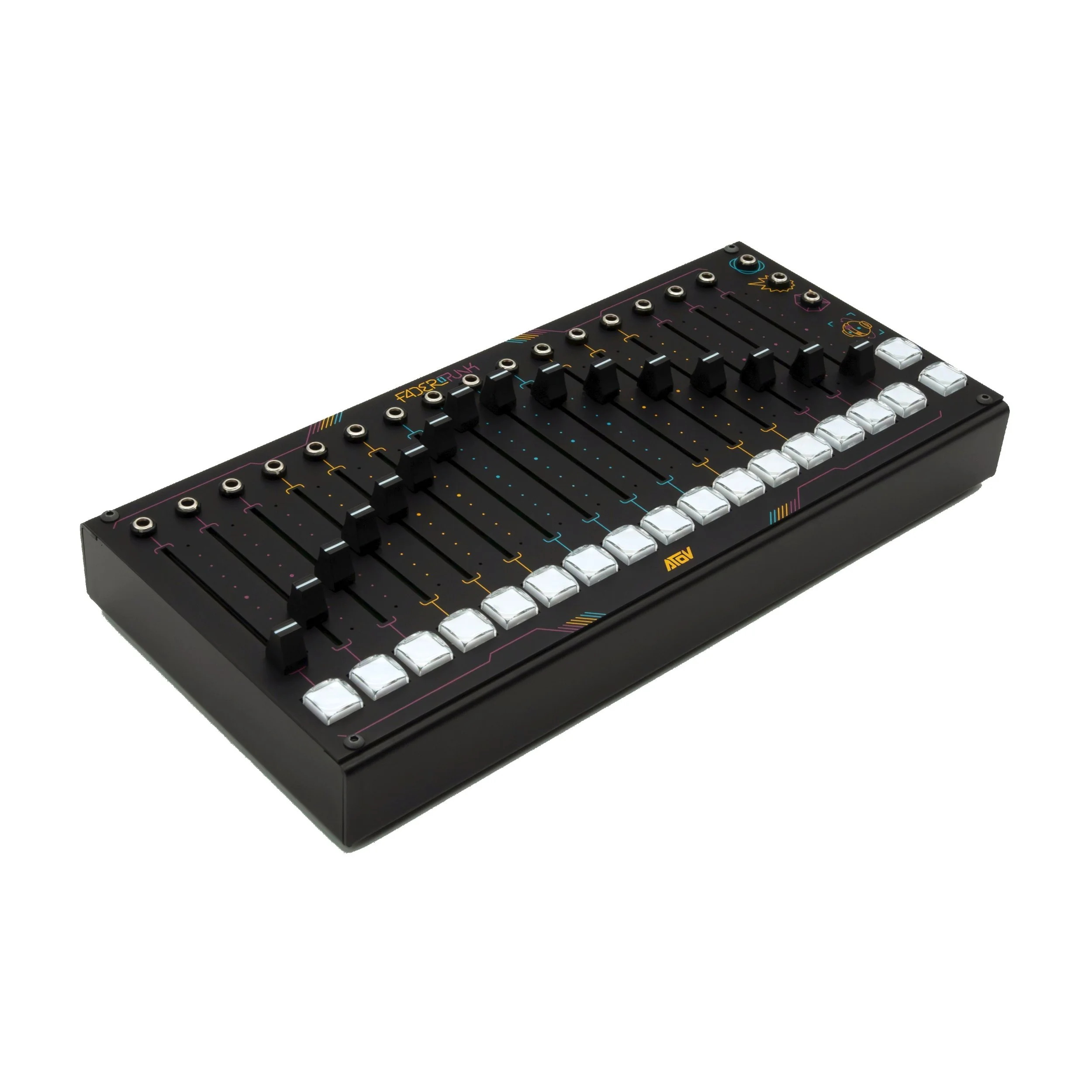 Faderpunk music controller with multiple sliders, buttons, and colorful icons.