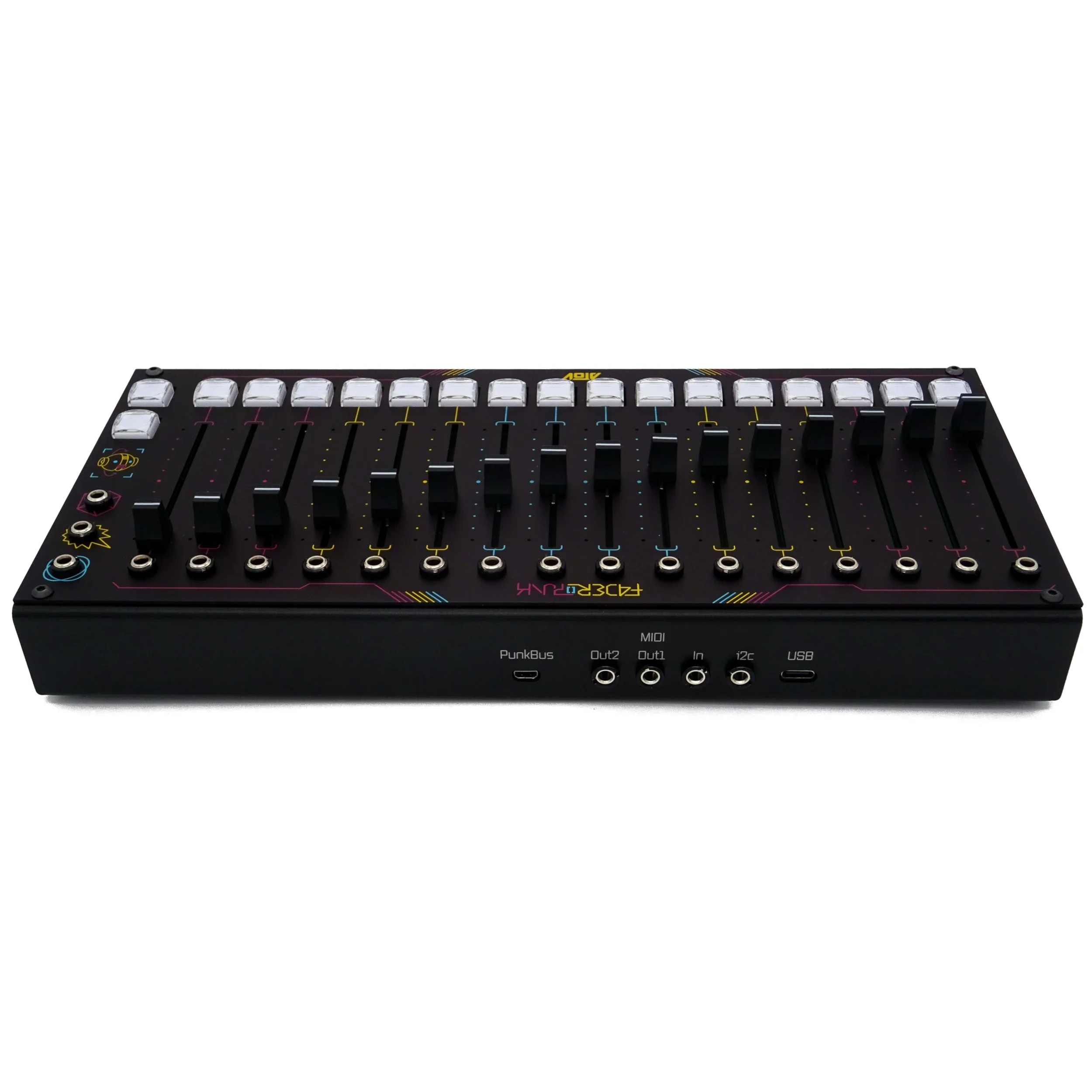 Back view of Faderpunk music controller with multiple sliders, buttons, and colorful icons.