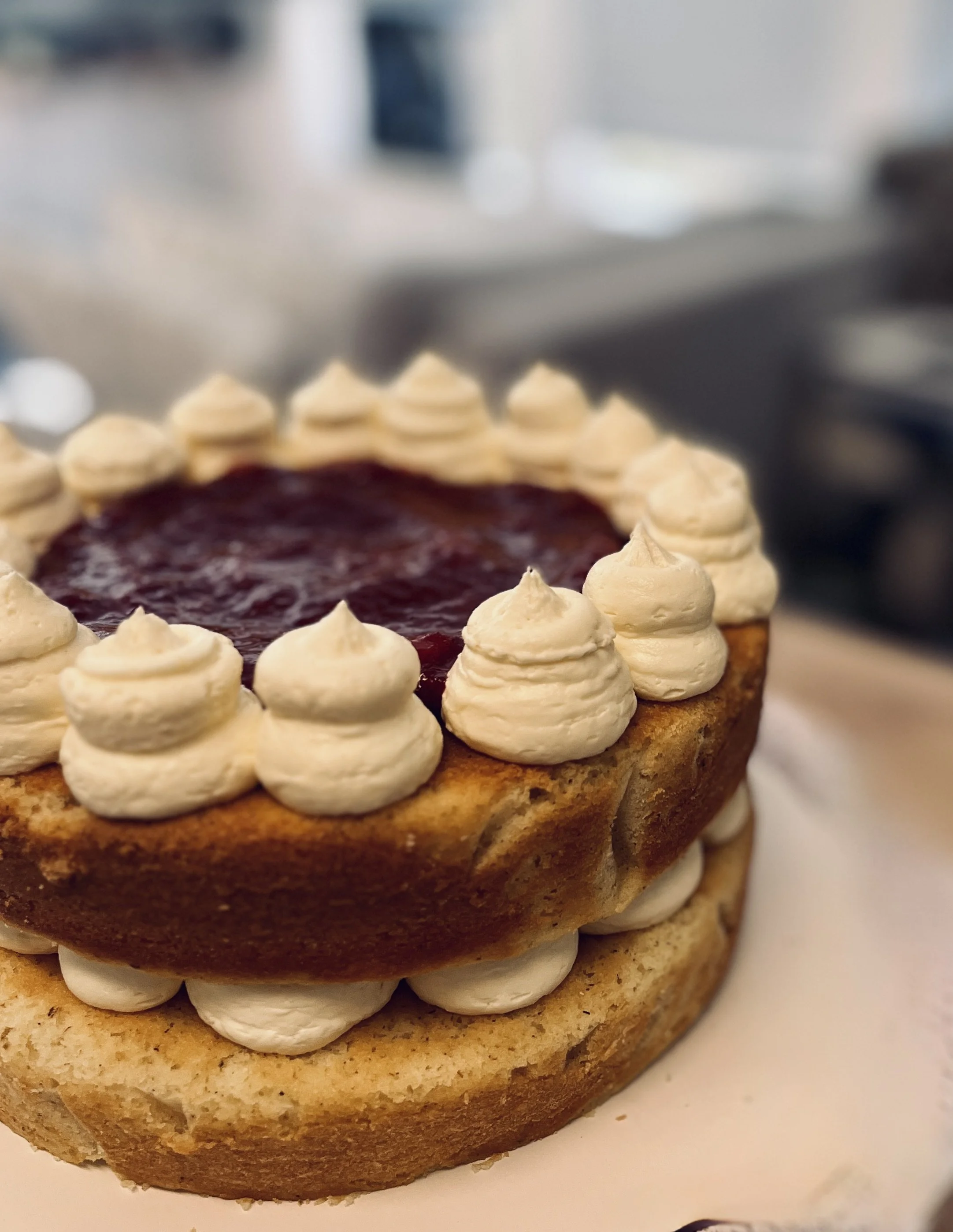 Chamomile Cake with Strawberry Compote and Orange Buttercream 