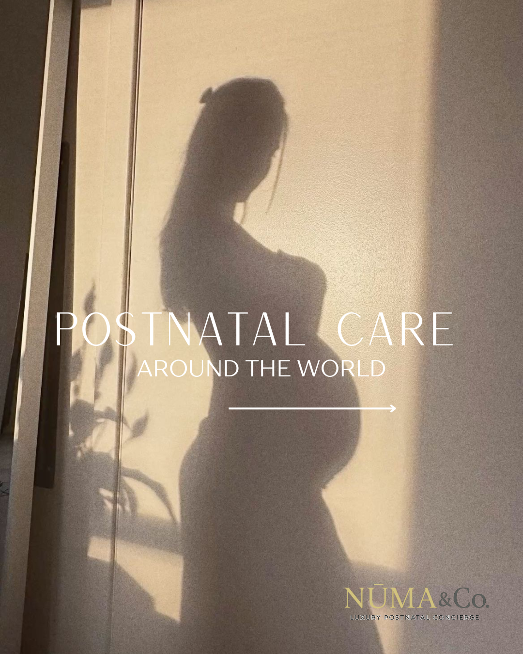 Shadow of a pregnant woman on a wall with text promoting postpartum care around the world and a logo for NÙMA & Co.