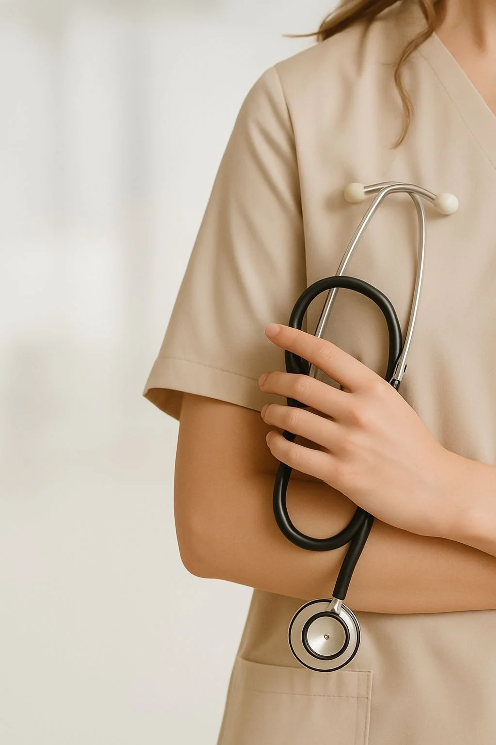 A medical professional holding a stethoscope, wearing beige scrubs, against a plain background.