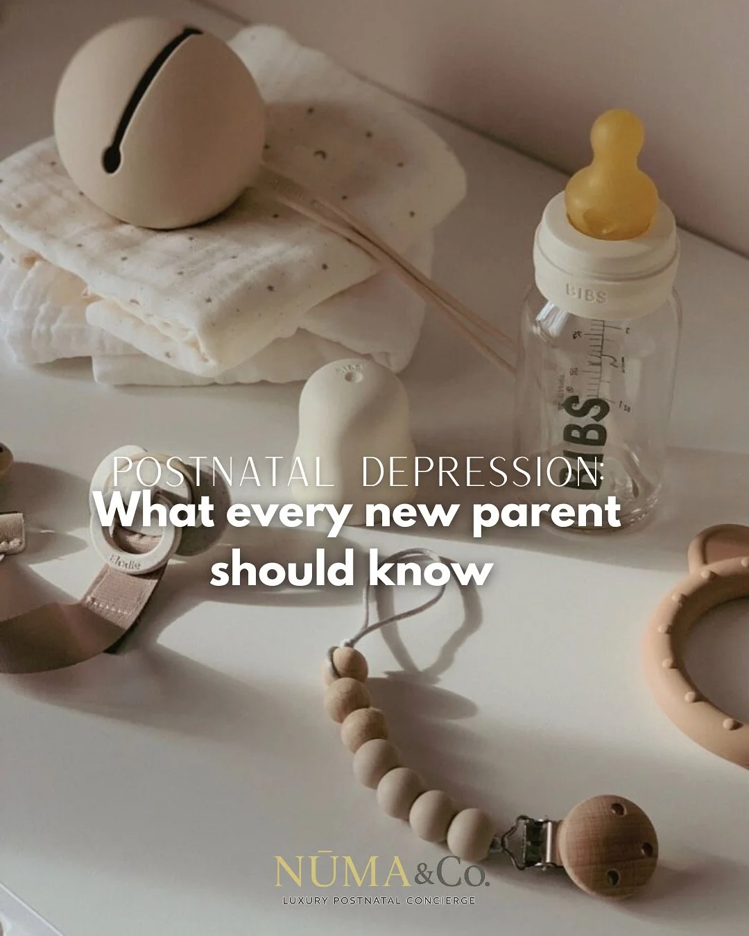 Baby supplies including a pacifier, baby bottle, and diaper on a white surface, with text overlay about postnatal depression.