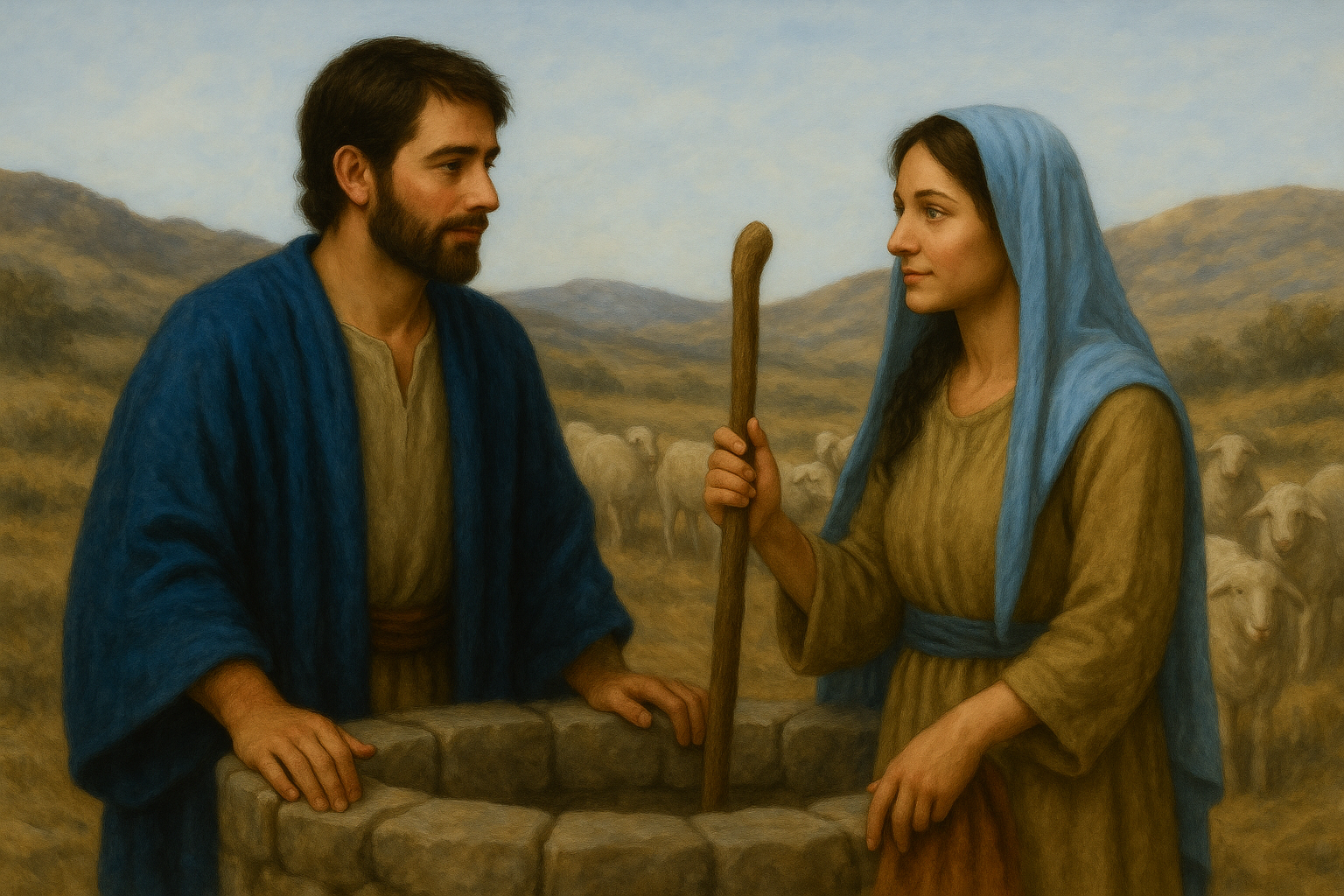 Jacob standing beside a stone well meets Rachel