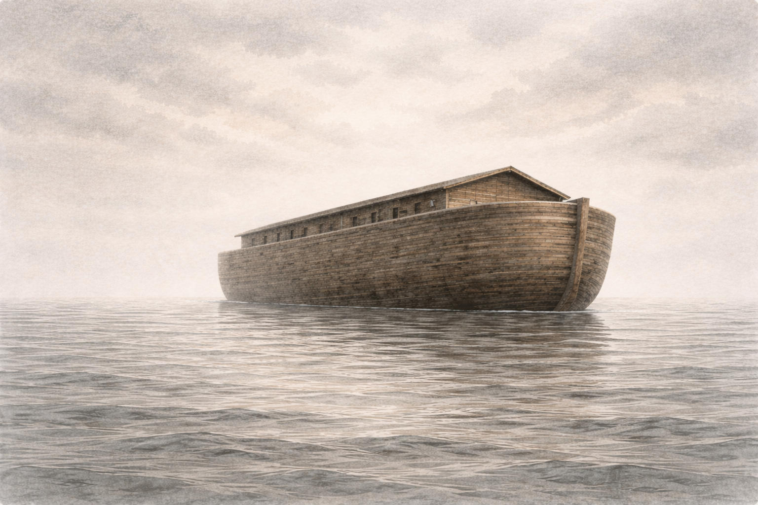 Noah’s ark resting on calm waters under a quiet sky, representing waiting after the flood.