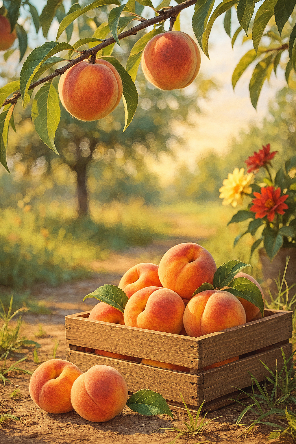 A crate of harvested peaches glows in the golden hour light along a garden path