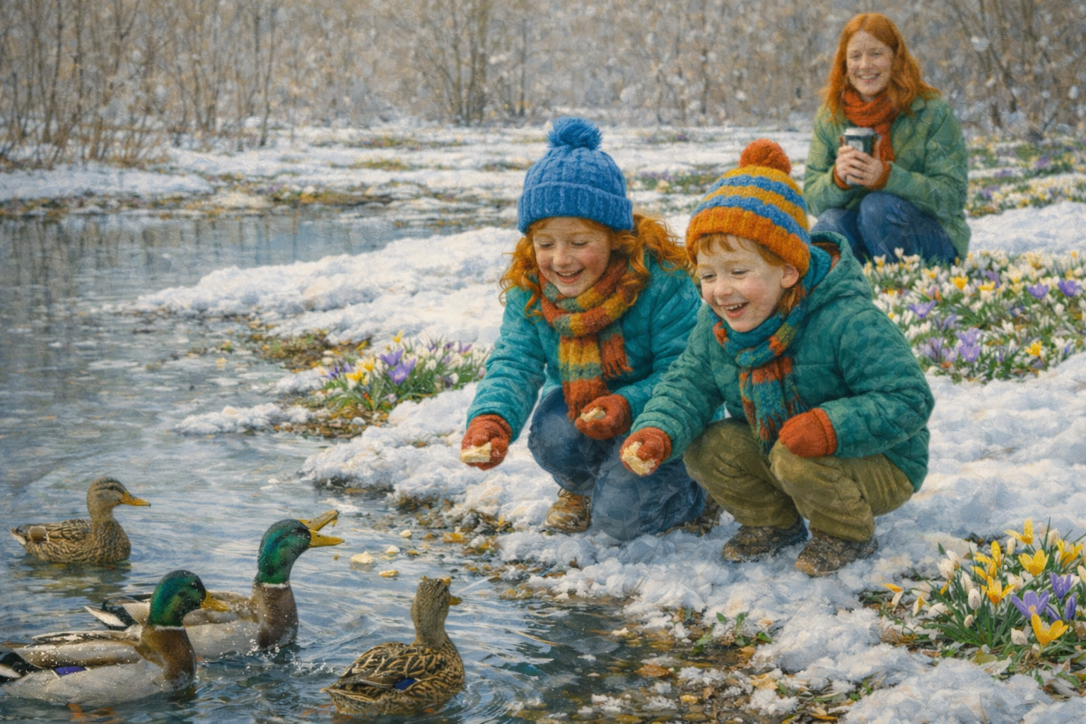 OConnell family Feeding ducks by the pond in spring