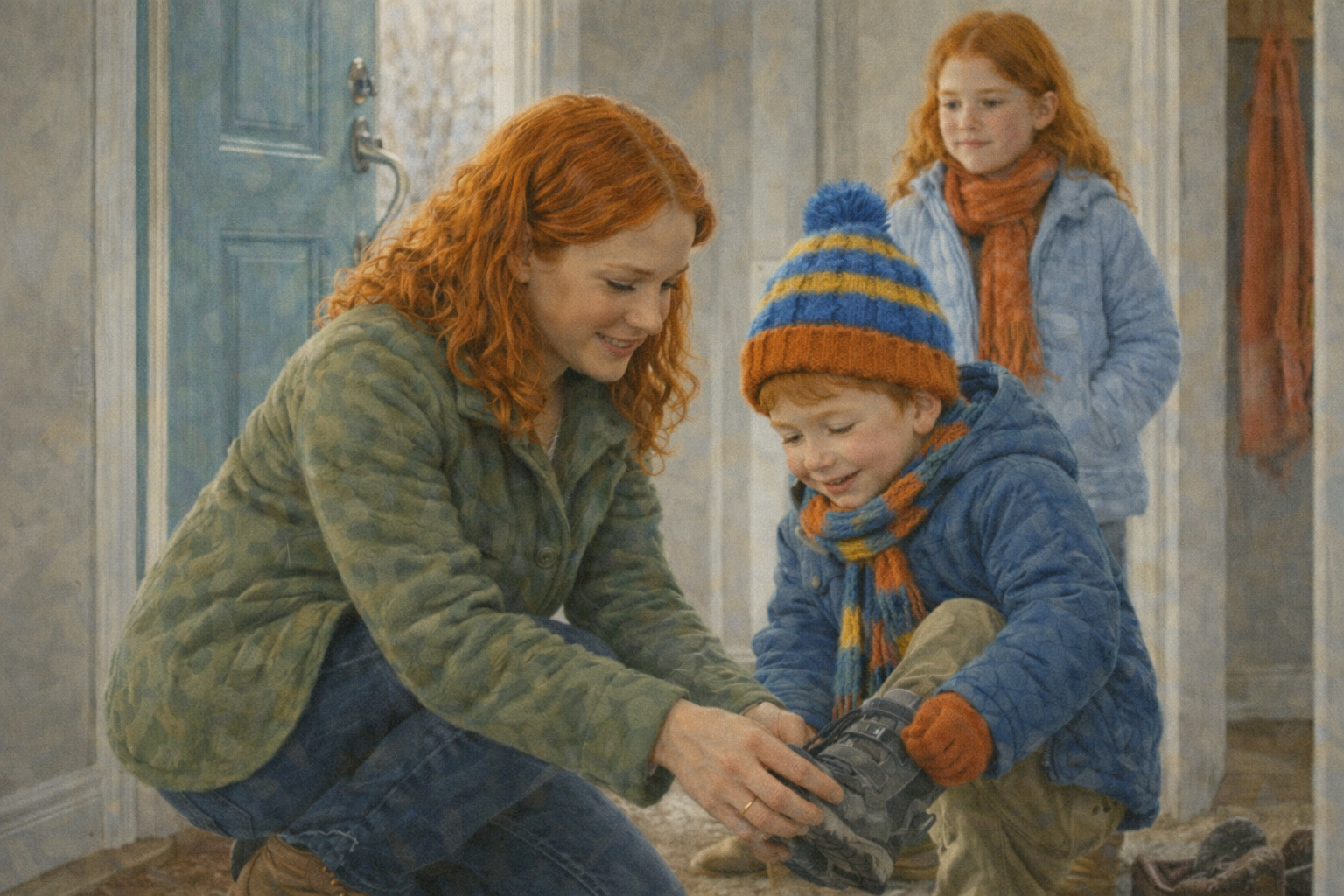 OConnell family Helping Finn into his boots