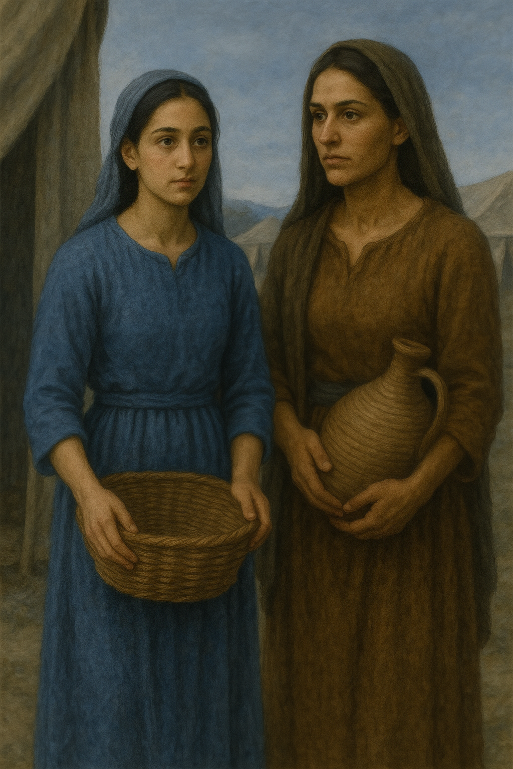 Bilhah and Zilpah stand side by side outside a tent, holding baskets and jars. Bilhah wears a simple blue dress and gray veil; Zilpah wears a brown dress and dark olive veil. Their expressions are calm and dignified.