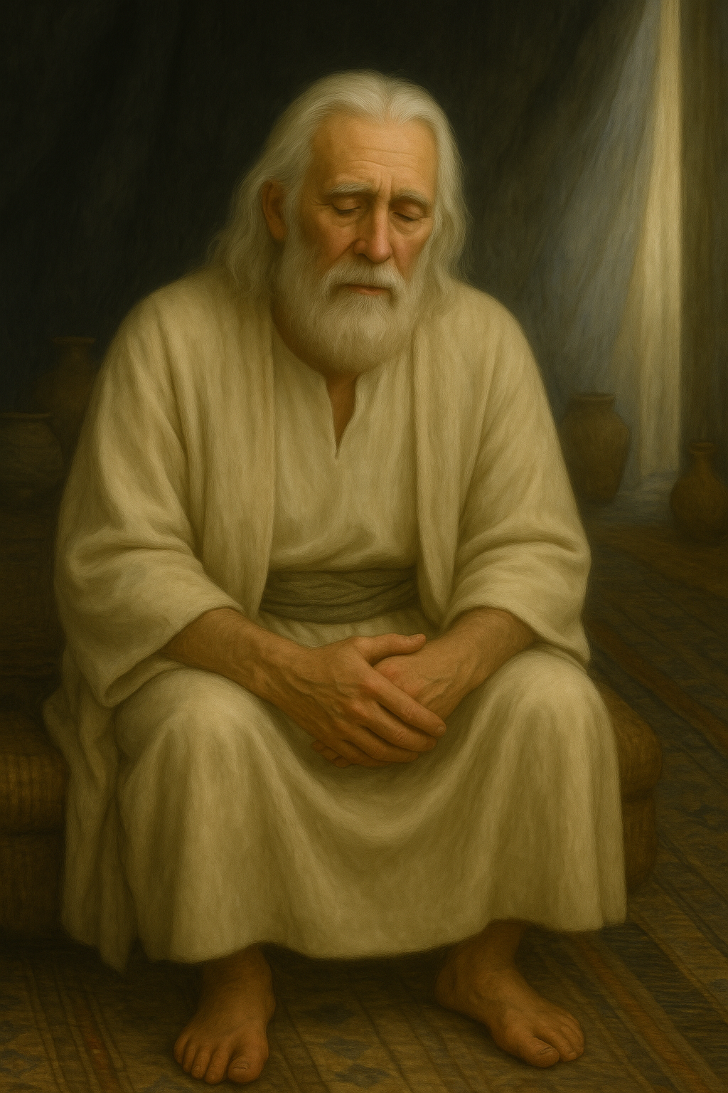 An elderly, nearly blind Isaac sits inside his tent wearing a cream-colored robe and simple mantle. His white hair and beard are neatly kept, his posture humble and weary, and soft morning light filters through the tent flap behind him.