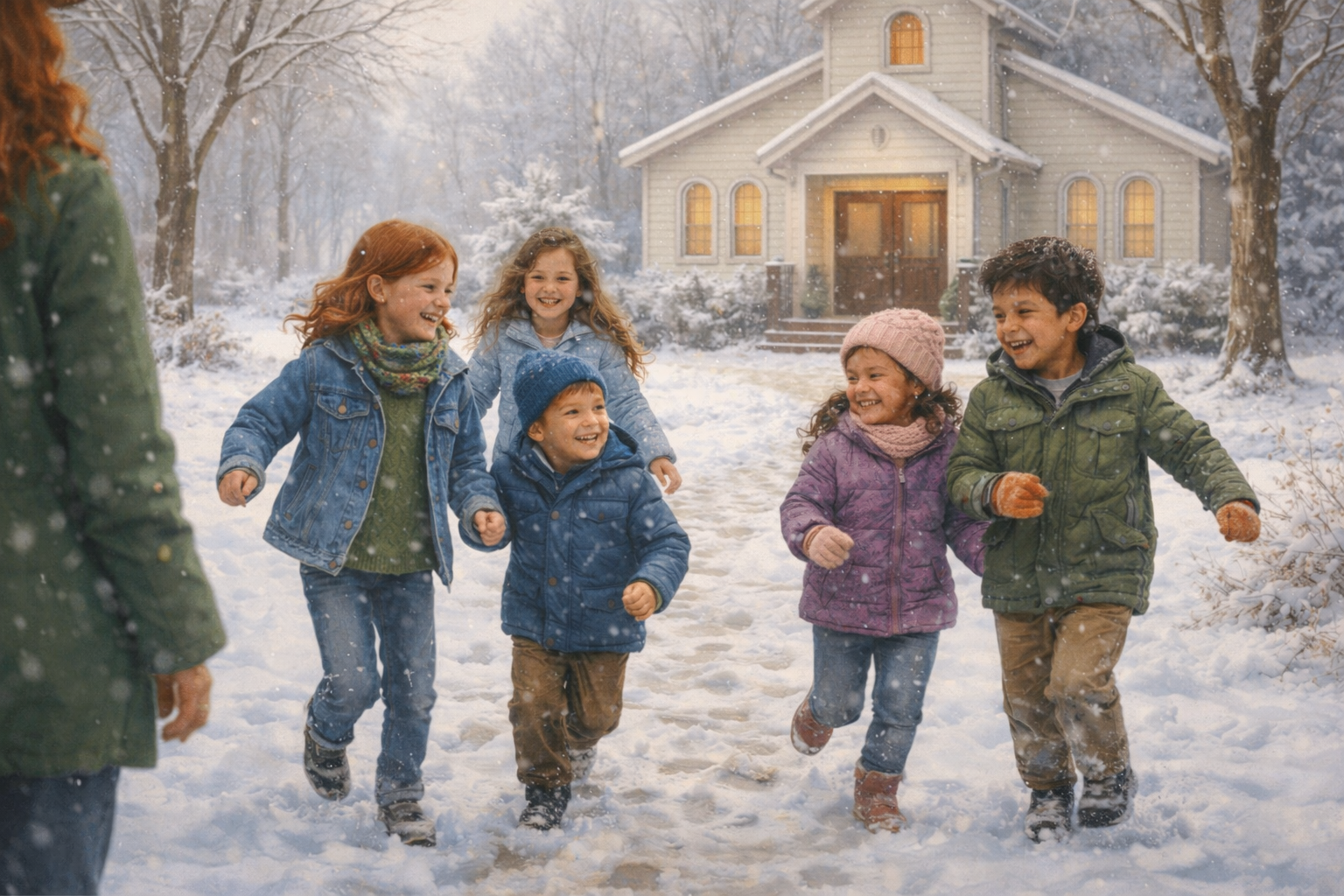 OConnell family Children playing in snowy churchyard.