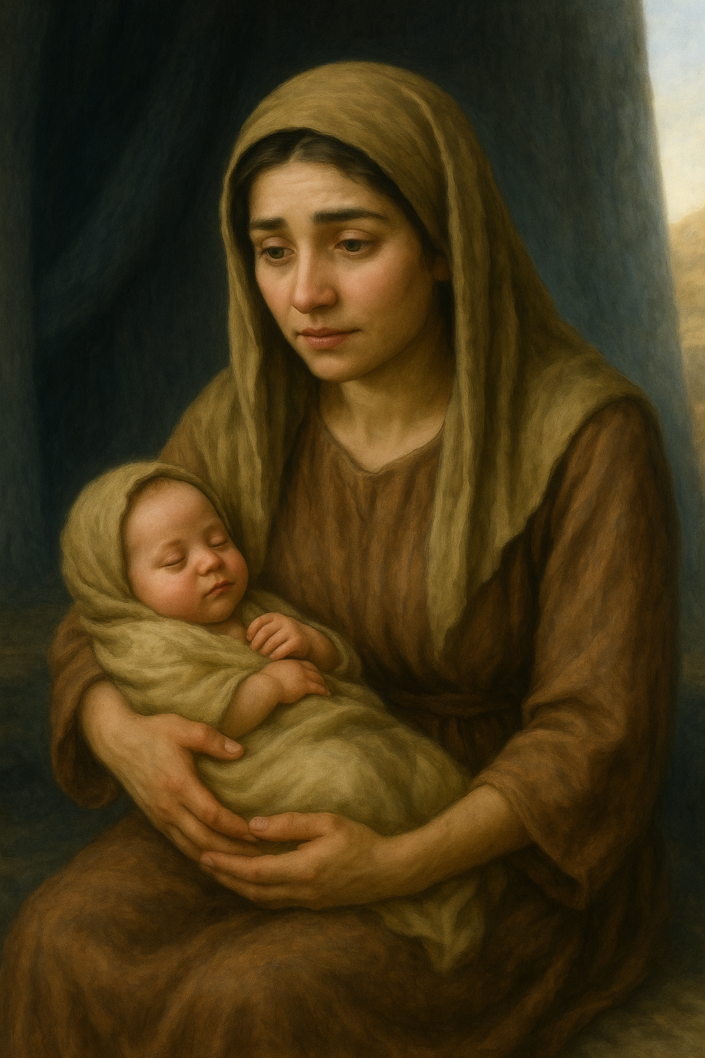 Leah sits alone inside a dim tent, cradling her newborn son Reuben. Her hazel eyes look downward with longing and hurt
