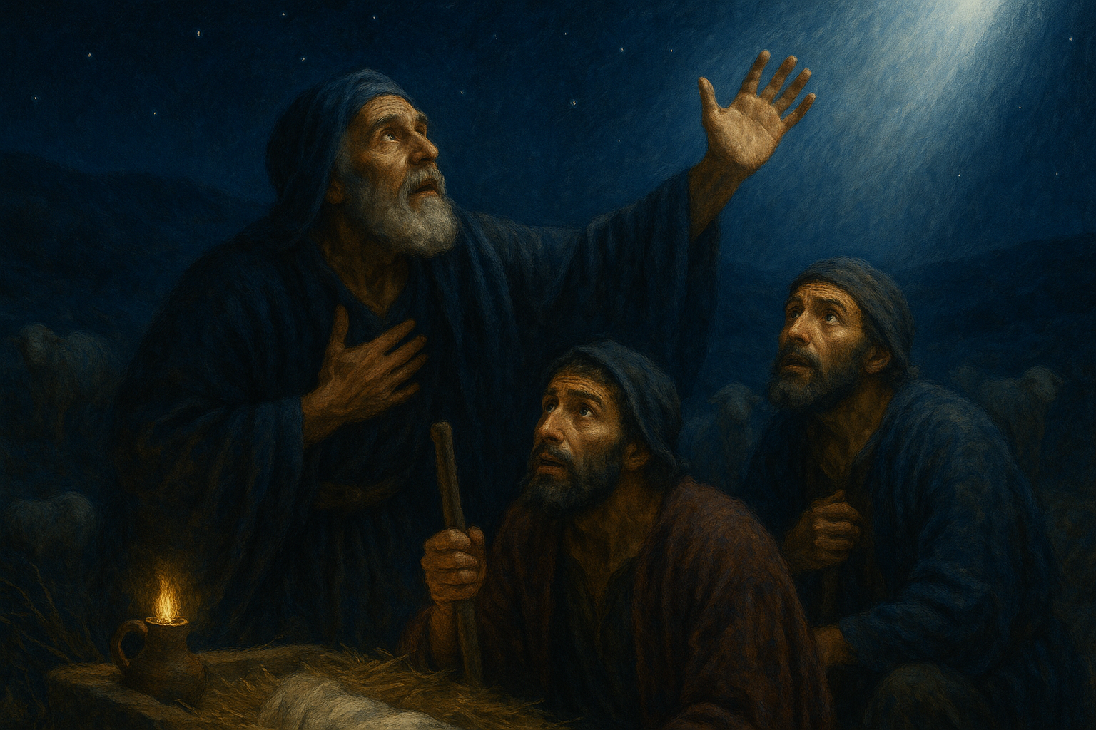 Shepherds in a nighttime Judean field looking toward a bright white-silver light symbolizing the angelic announcement of Christ’s birth.