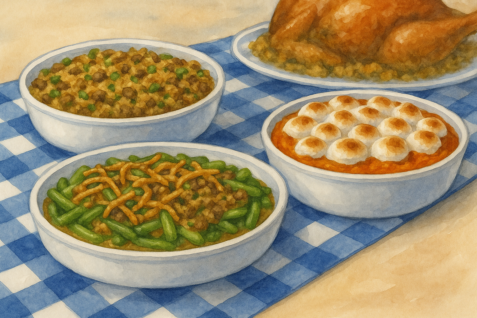 New Orleans–style Thanksgiving side dishes on white ceramic plates: green bean casserole, Cajun dirty rice, and sweet potato casserole topped with toasted marshmallows. All dishes are arranged on a blue-and-white table runner.