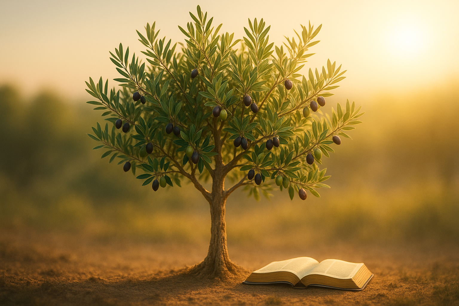 A thriving young olive tree bearing fruit symbolizing In God's light, we grow and thrive