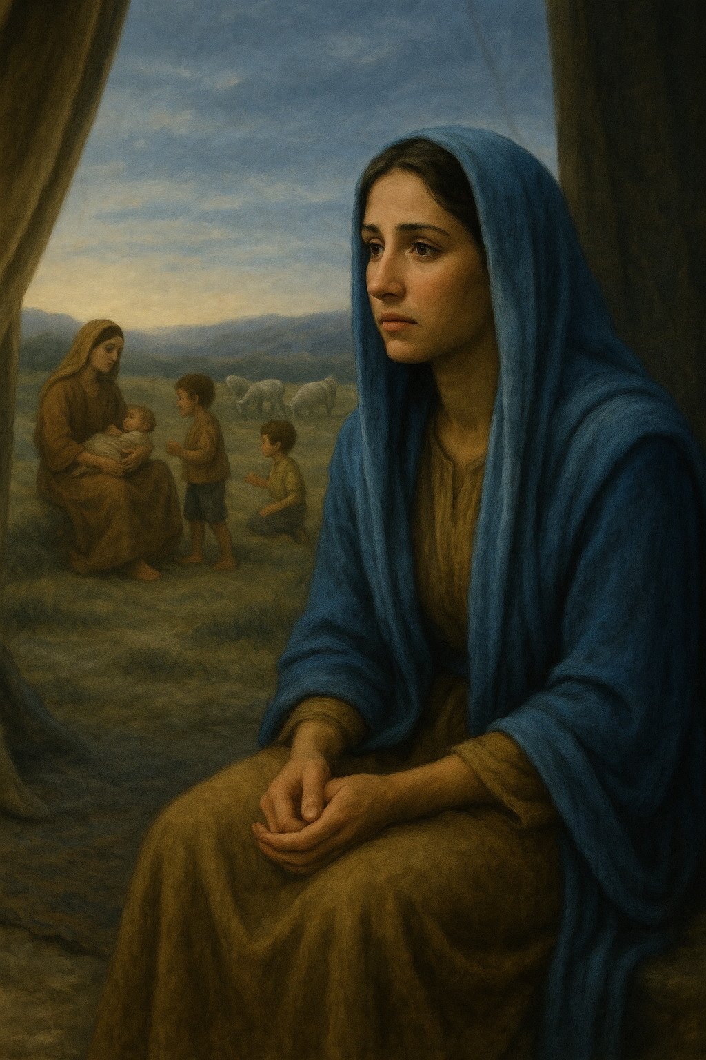 Rachel sits at the entrance of her tent wearing her sky-blue veil, hands folded in her lap, eyes full of longing. In the distance, Leah nurses baby Judah while her older sons play nearby, creating a contrast between the sisters’ lives.