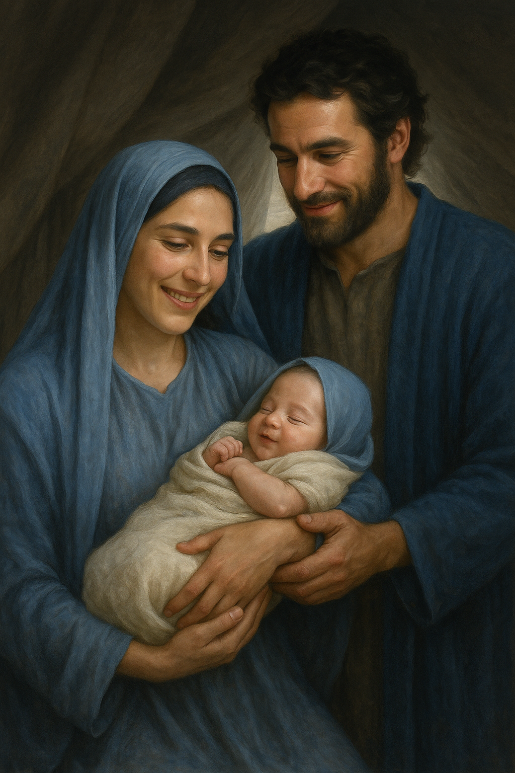 Rachel holds newborn Joseph with joy as Jacob lovingly places an arm around her. Rachel wears her sky-blue veil, and Jacob smiles warmly at his son, the tender moment highlighting God’s compassion.