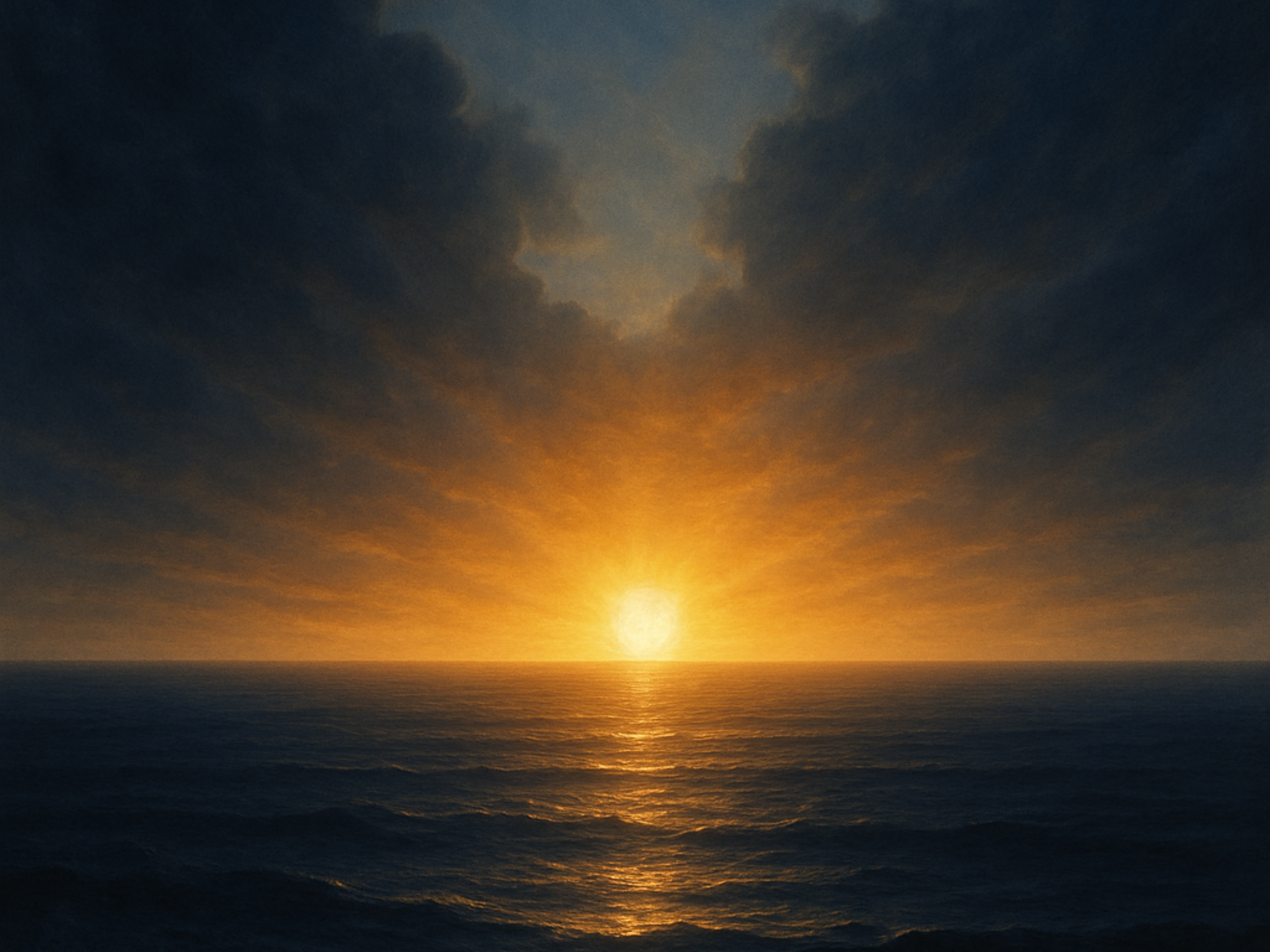 A radiant sunrise breaks across a dark, quiet horizon as soft golden light separates the darkness and illuminates the sky, symbolizing God’s first act of creation