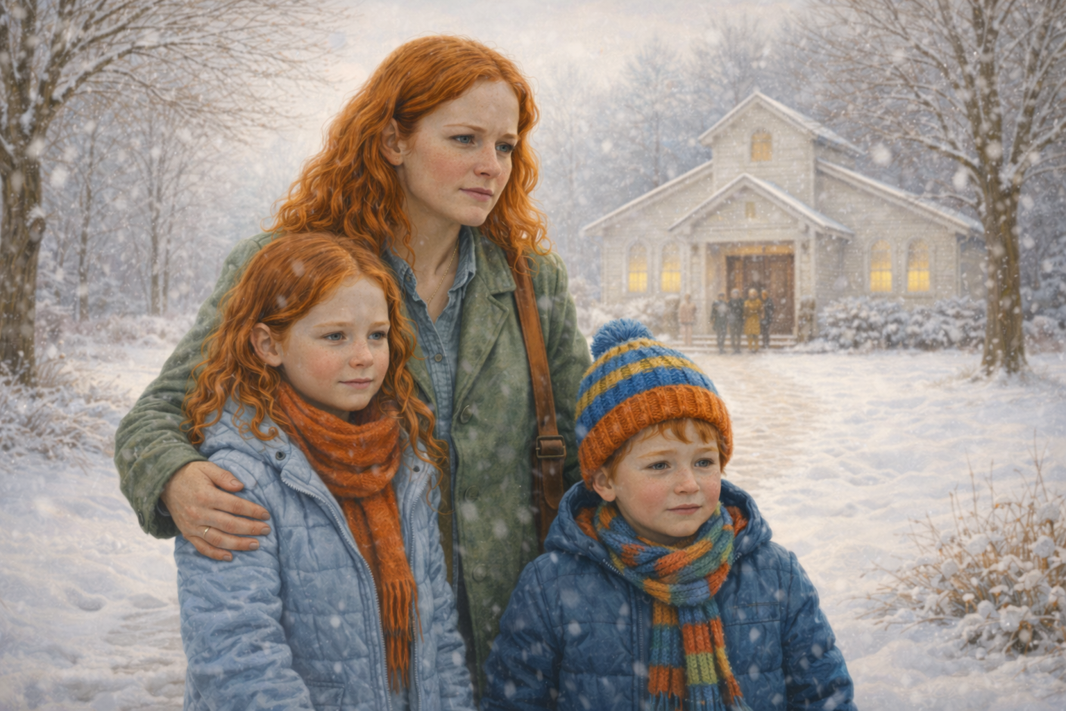 OConnell family Heading to church through snow