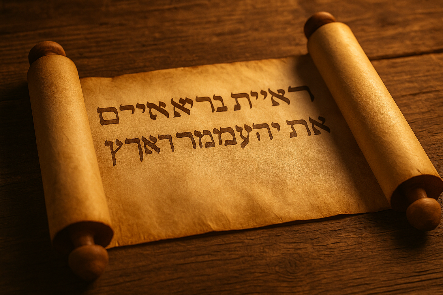 An Ancient Scroll unrolled, showing Genesis 1:1 in Hebrew