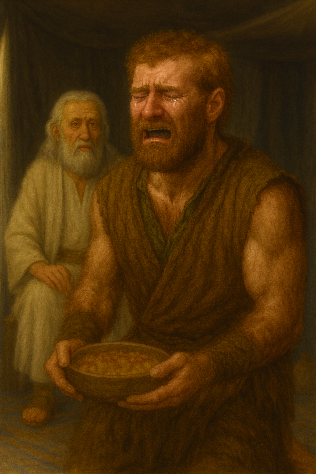 Esau, muscular with reddish hair and a short beard, stands in Isaac’s tent holding a bowl of prepared food. His face is twisted with grief and tears as he cries out. Behind him, Isaac sits devastated.