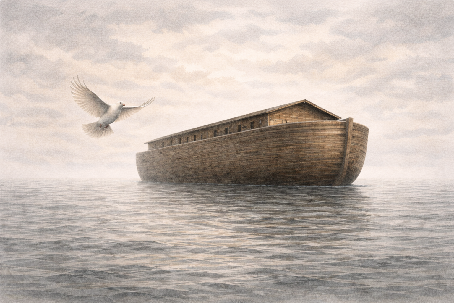 A white dove flying from Noah’s ark over calm waters, symbolizing hope in motion.