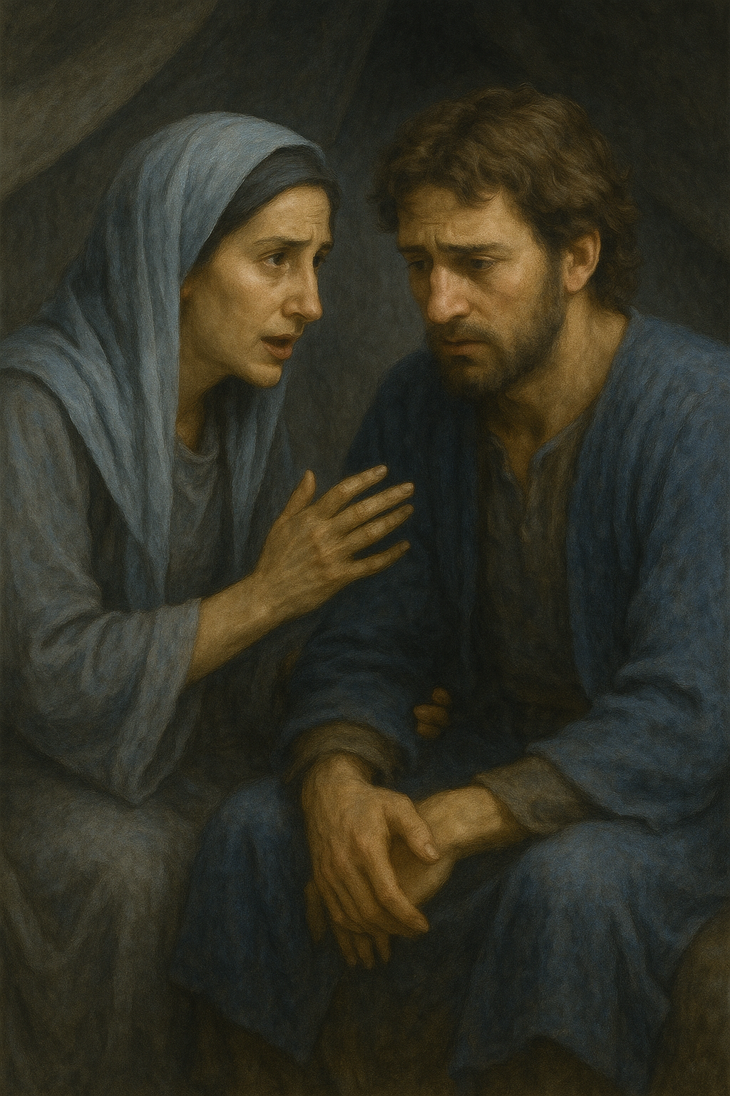 Rebekah, with olive skin and a light blue veil, leans close to Jacob inside a dim tent. Her face shows worry and urgency. Jacob, in his blue coat, listens with a troubled expression as warm, soft light highlights the woven textures around them.