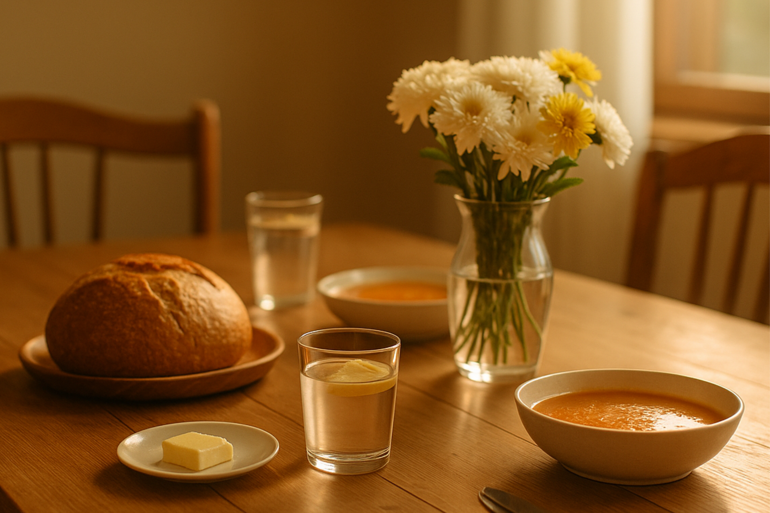 A simple meal of soup and crusty bread on a rustic table