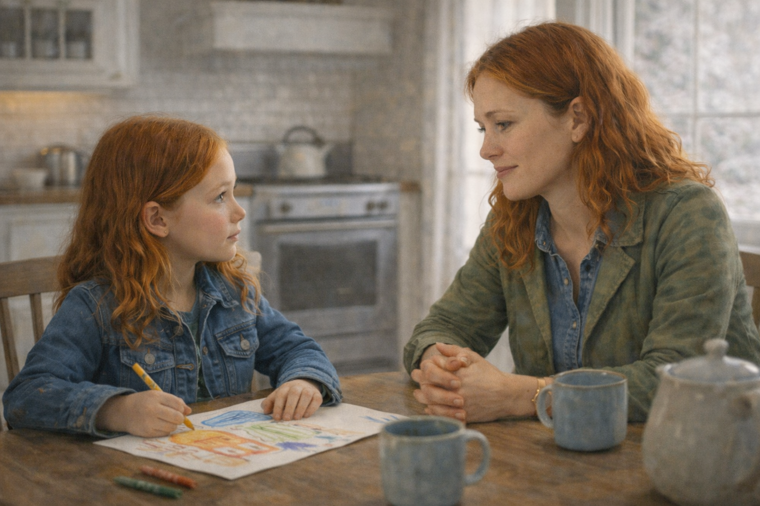 OConnell family Mother and daughter at the table.