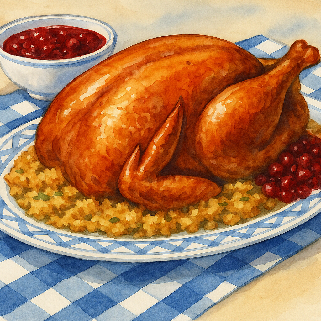 A beautifully roasted Thanksgiving Turkey surrounded by dressing and cranberry sauce.