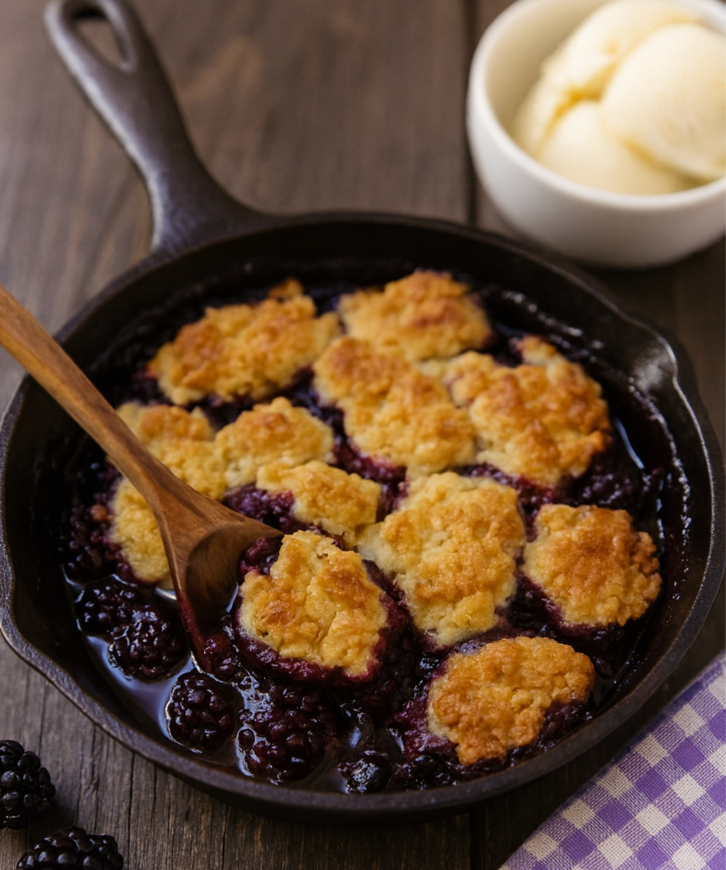 An iron skillet with fresh backed blackberry cobbler and vanilla ice cream