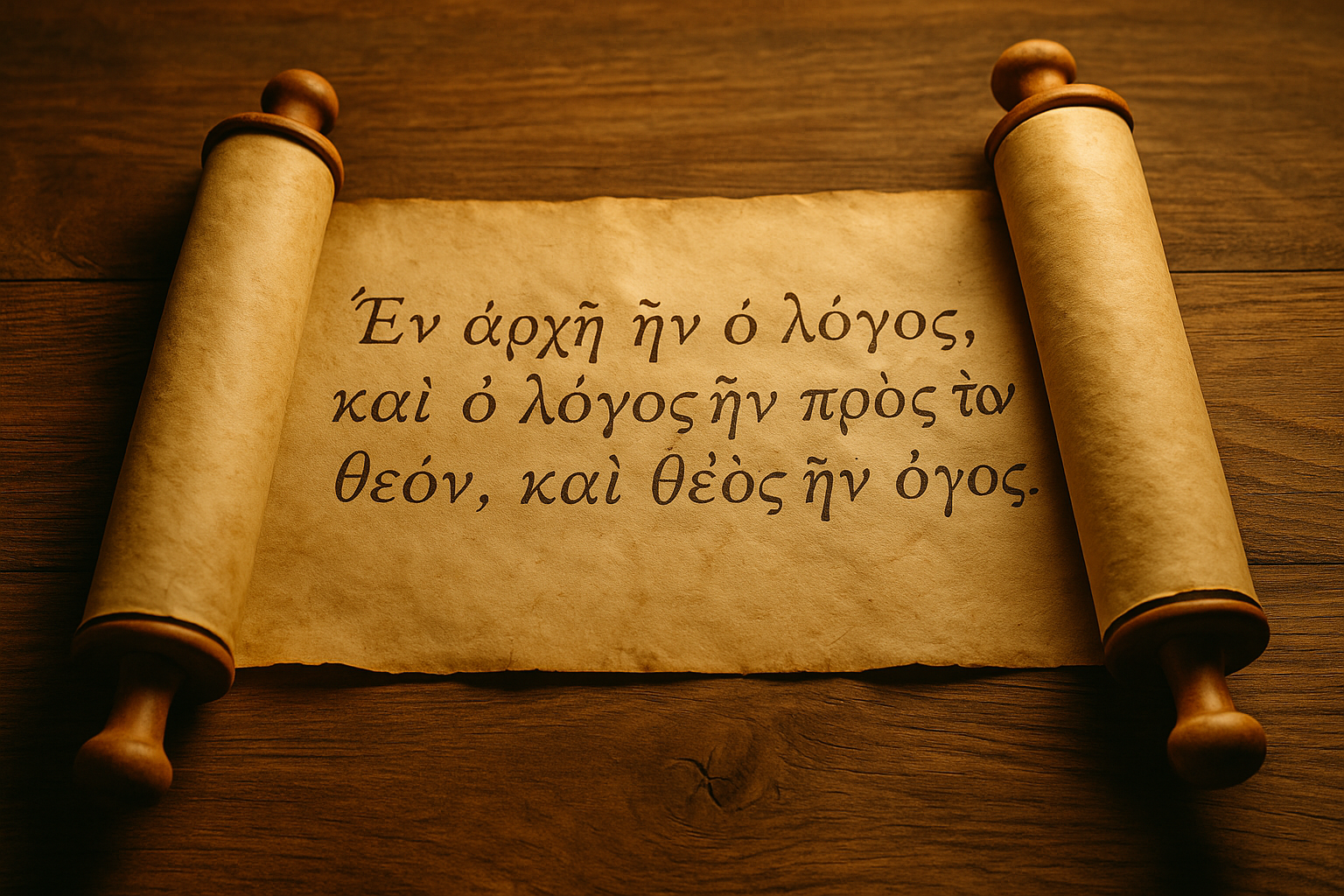 An ancient Greek scroll unrolled, showing John 1:1, symbolizing Jesus as the eternal Word of God.