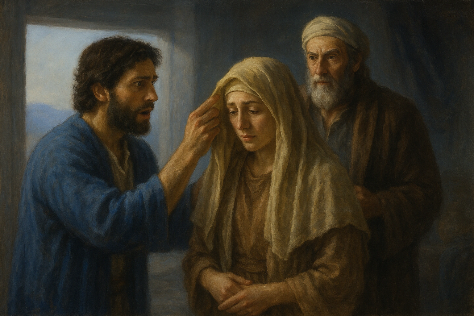 Jacob stands outside in the cool early morning light, distressed and heartbroken as he confronts Laban. Leah stands slightly behind them, wrapped in an earthy tan veil, looking sorrowful and unwanted.