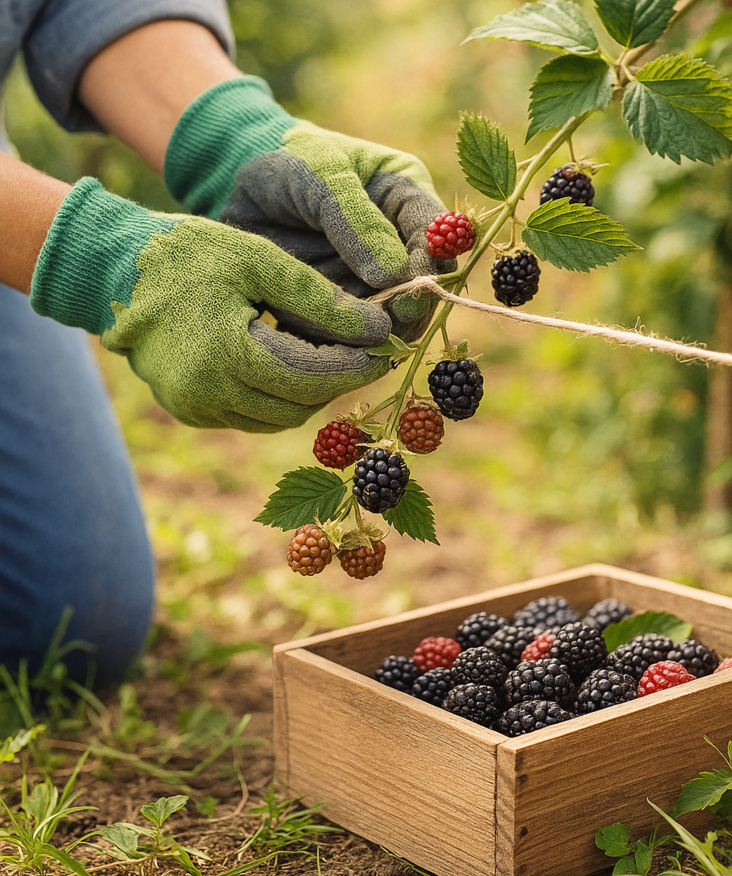 Gentle hands guiding the new growth of blackberries.