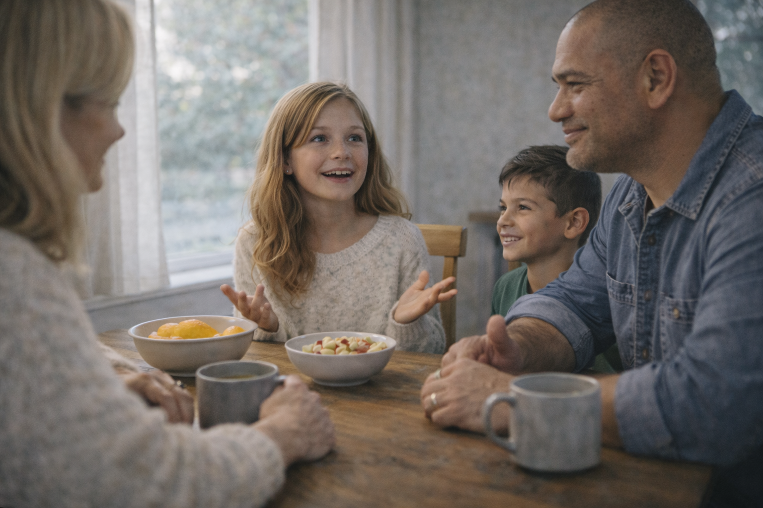 Family conversation over breakfast